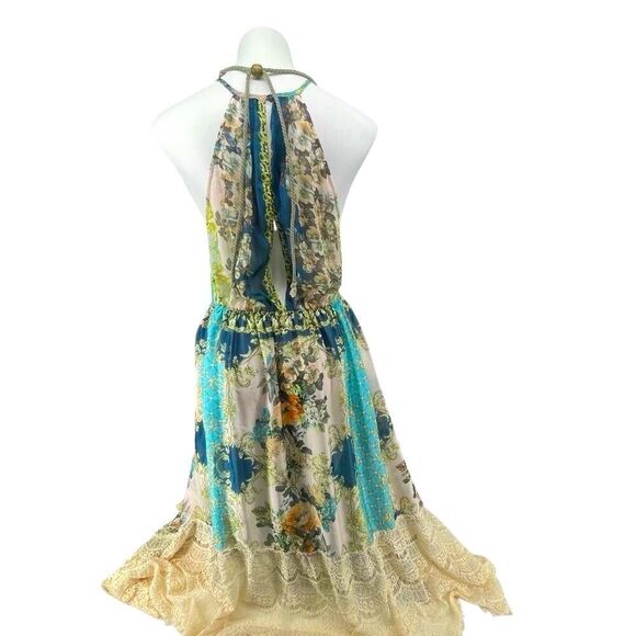 Aratta Silent Journey Boho Floral Halter Maxi Dress Lace Hem Large Goddess Style - Picture 8 of 16